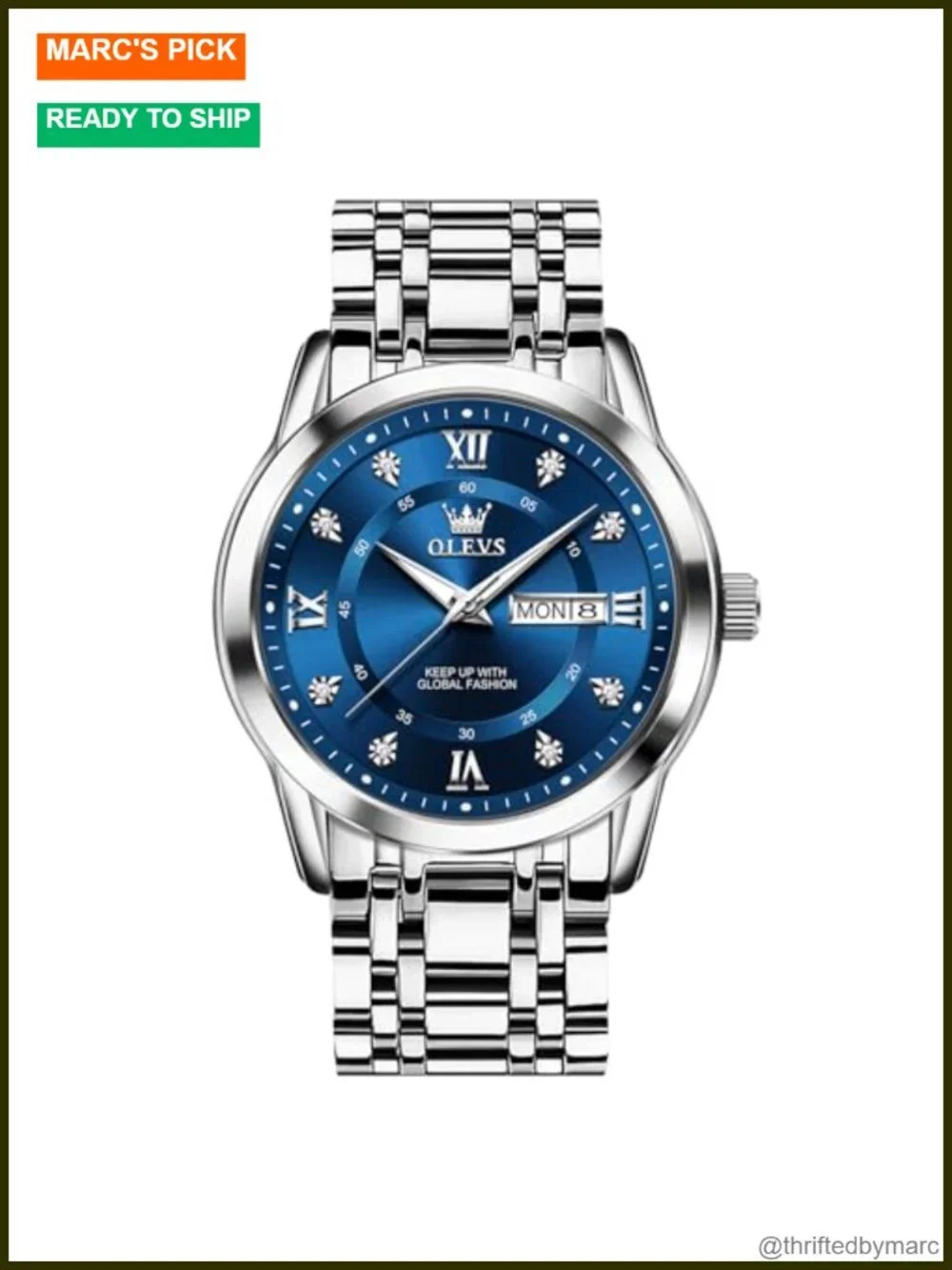 Men's Stainless Steel Watch, Large Face Roman Numerals Diamond Accented Analog